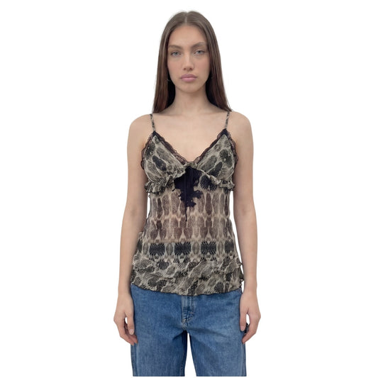 Vintage Pinko Cream & Black Snakeskin Print Silk Lace Cami Top (S/M)