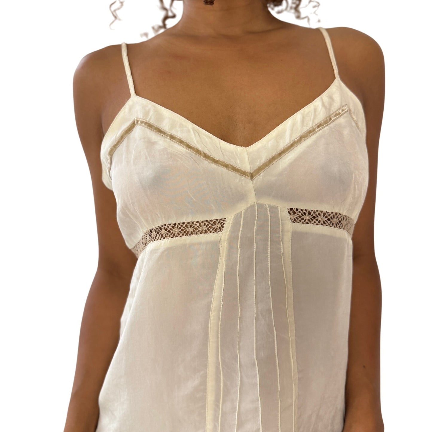 Vintage Benetton ivory satin + lace pin-tuck cami (Small)
