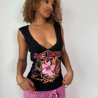 Vintage Black Graphic Sequin Tank Top Floral Deep V Neck Italian Y2K (S/M)