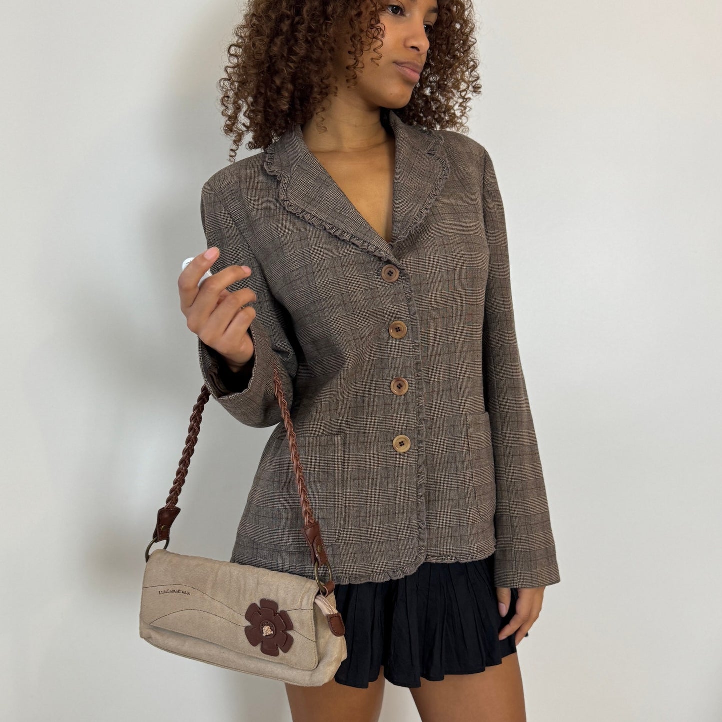 Vintage French Taupe Plaid Button Front Tailored Jacket (S/M)