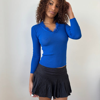 Vintage Italian Y2K Cobalt Blue Ribbed Knit Feather Trim Long Sleeve Top (Small)