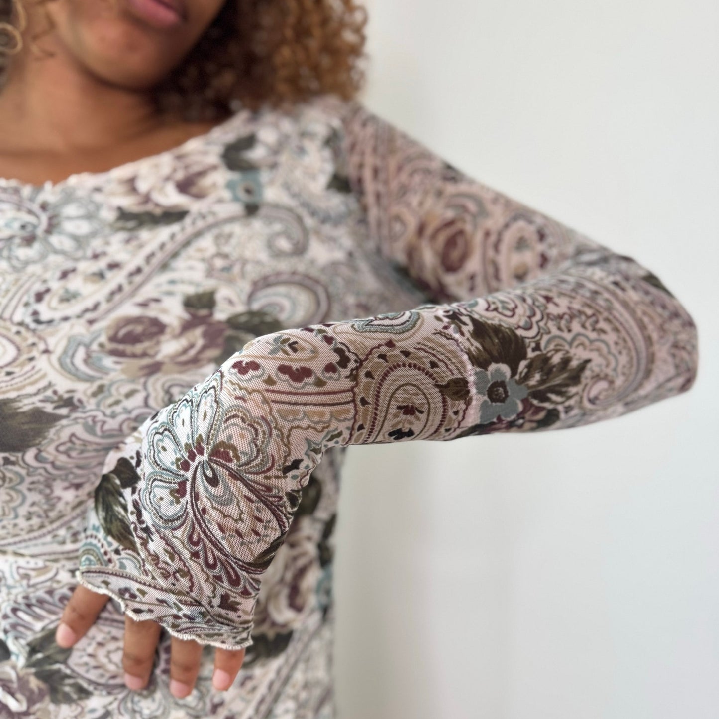 Vintage Paisley Floral Mesh Top White Brown Sage Y2K (S)