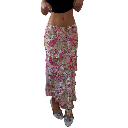 Vintage Pink Floral Mesh Ruffle Tiered Midi Skirt Euro Viscose (S)