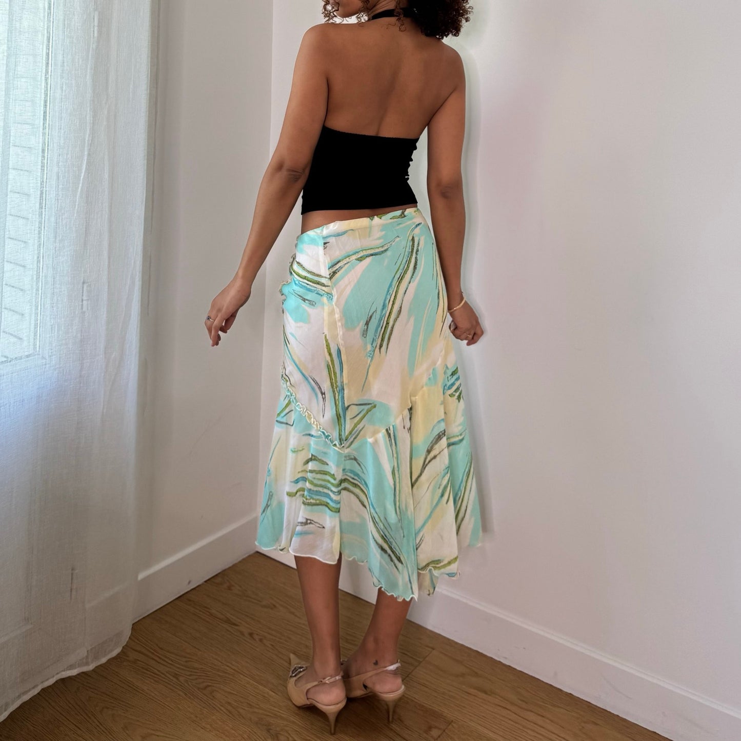 Vintage Aqua Blue Cream Green Abstract Mesh Midi Skirt Italian Y2K (XS/S)