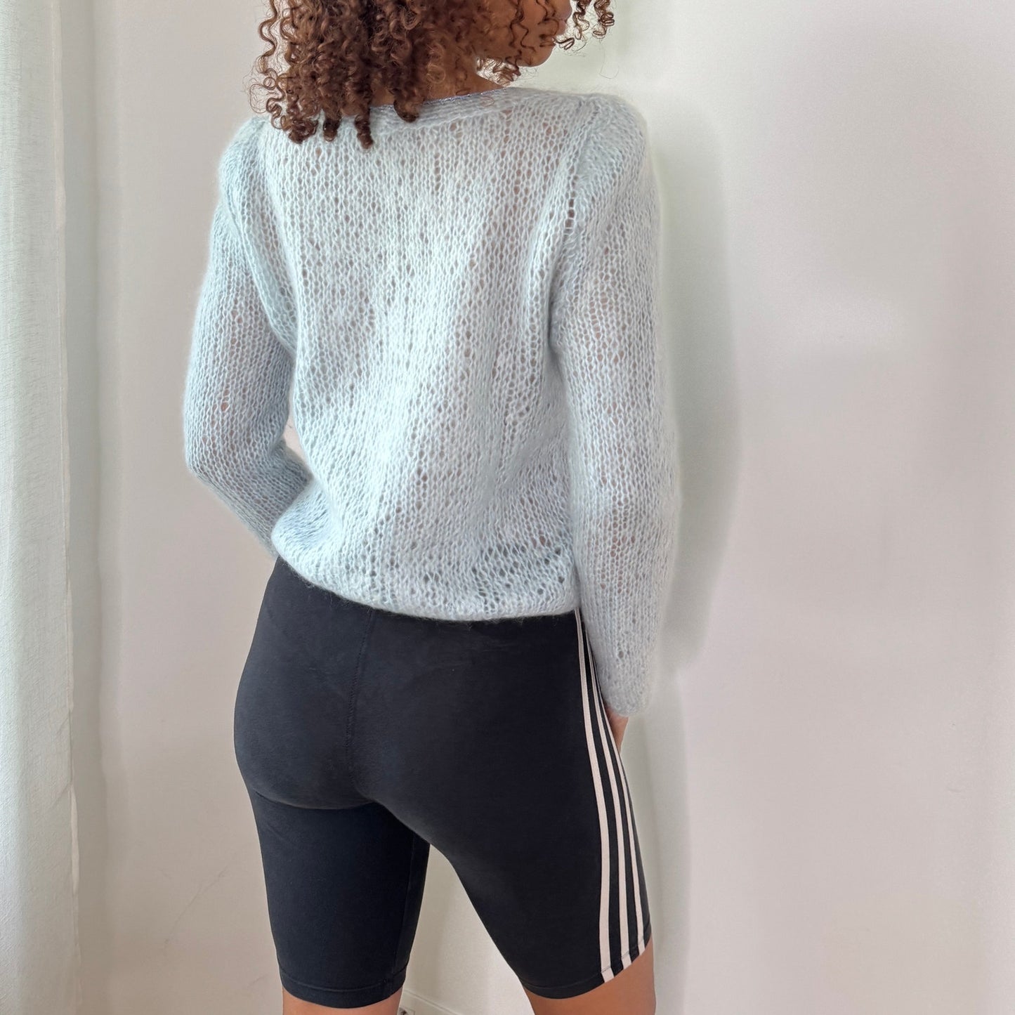 Vintage Baby Blue Mohair Blend Floral Sequin Sweater Italian Y2K Fuzzy Knit Top (S/M)