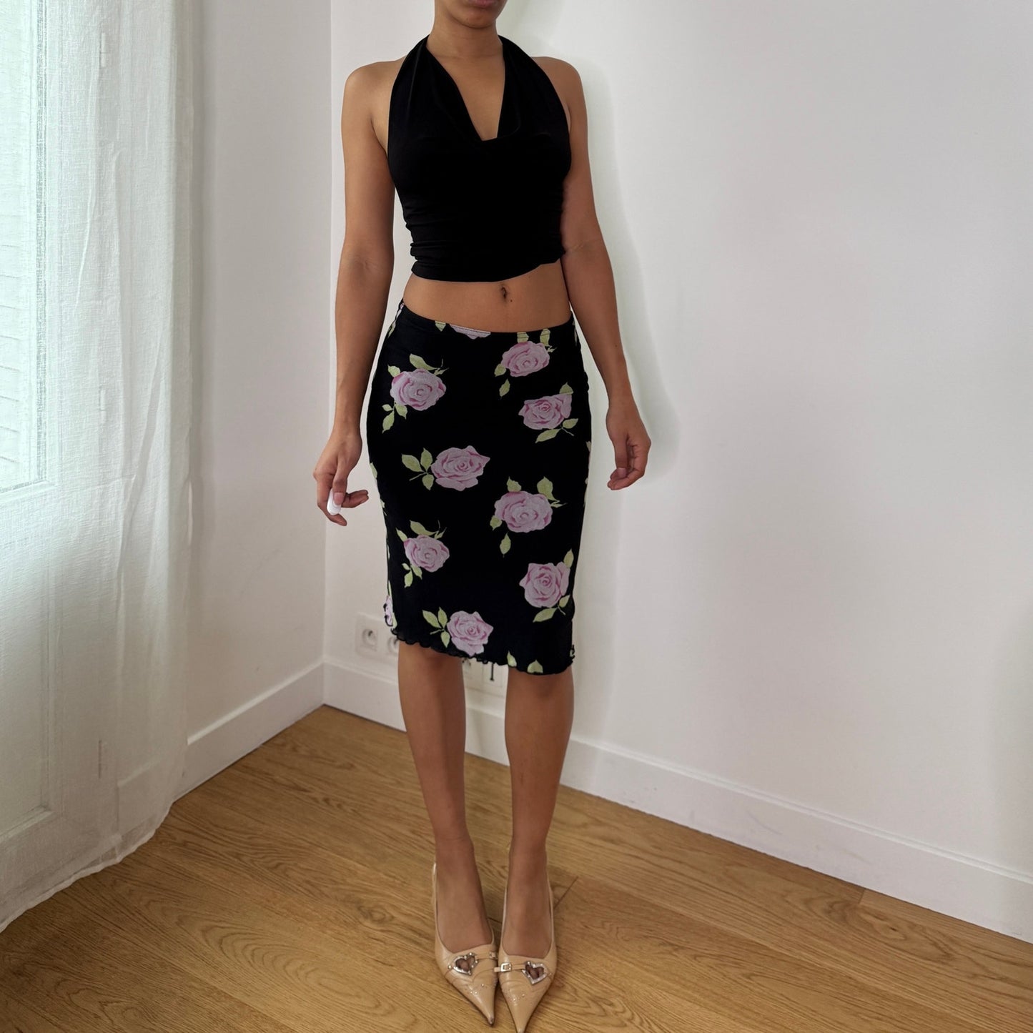 Vintage Black Pink Rose Mesh Midi Skirt Floral Y2K Pencil Skirt (S) ⠀