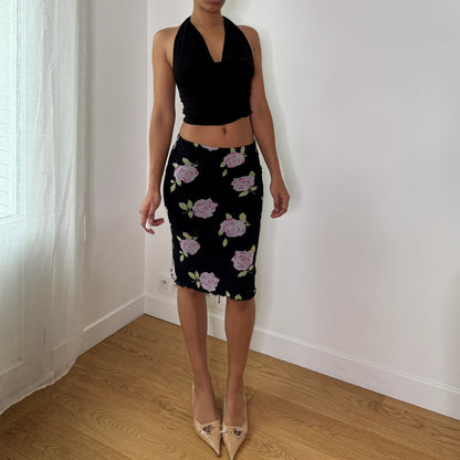 Vintage Black Pink Rose Mesh Midi Skirt Floral Y2K Pencil Skirt (S) ⠀