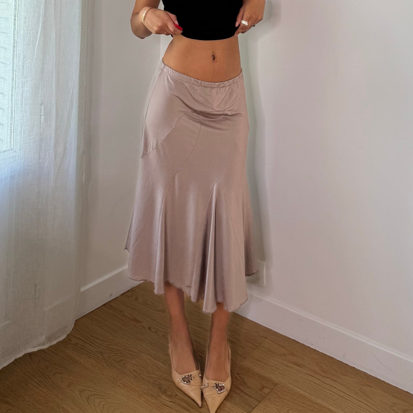 Vintage Taupe Beige Slinky Asymmetrical Midi Skirt Italian Y2K (S)