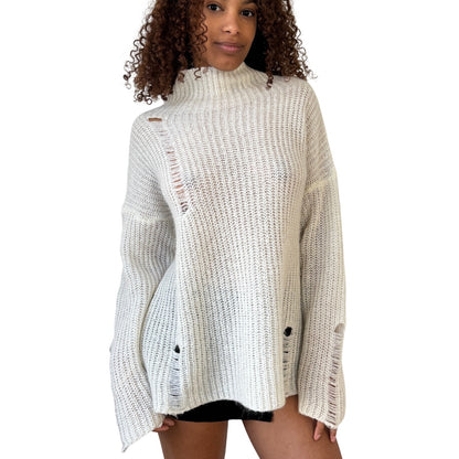 Vintage Italian ivory mohair blend distressed rib knit turtleneck sweater one size
