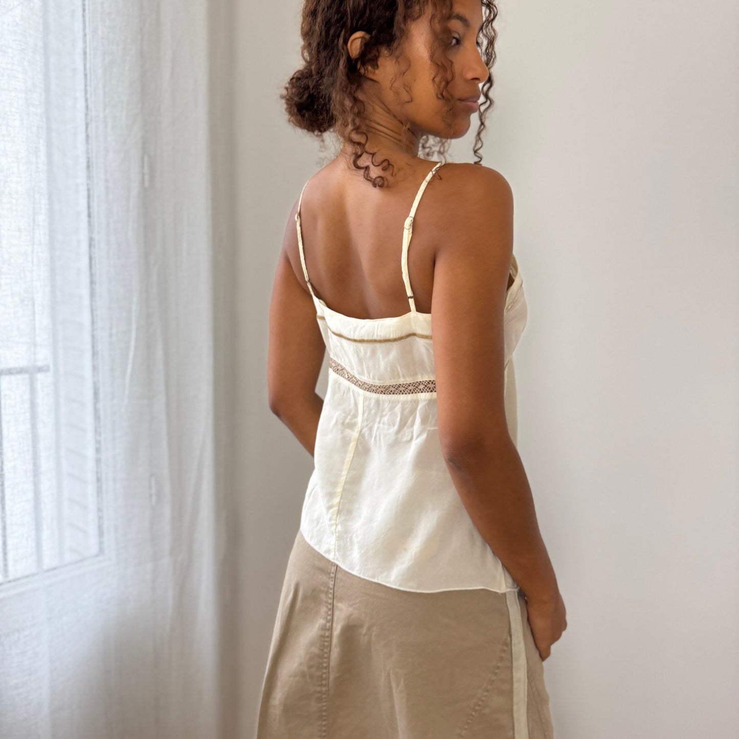 Vintage Benetton ivory satin + lace pin-tuck cami (Small)