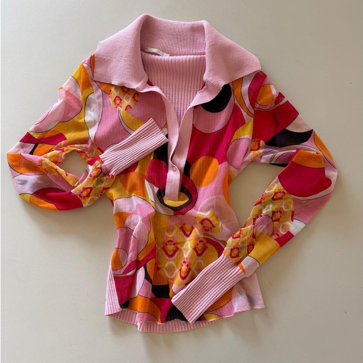 Italian Vintage Pink Orange Yellow Mod Psychedelic Print Mesh & Knit Polo Long Sleeve Top