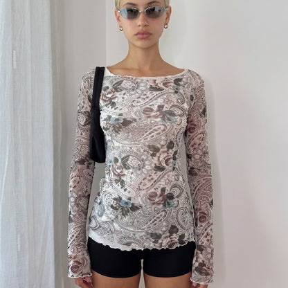Vintage Paisley Floral Mesh Top White Brown Sage Y2K (S)