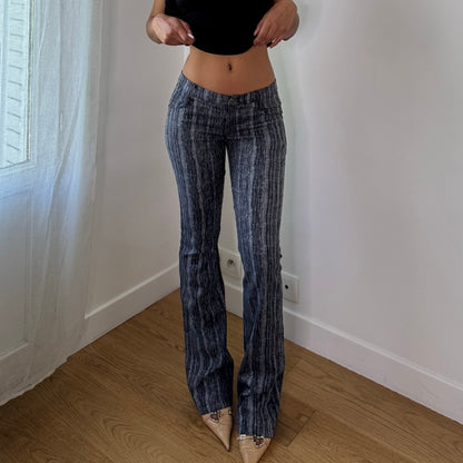 Vintage Grey Black Abstract / Striped Print Flare Pants Y2K Cotton (XS/S)