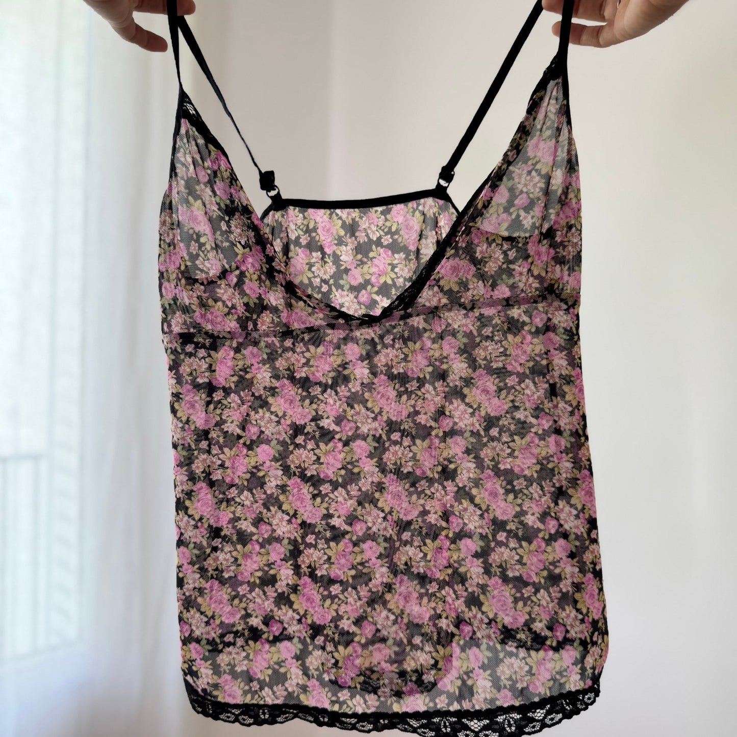 Vintage Floral Mesh Lace Cami Top Sheer Italian Y2K (S)
