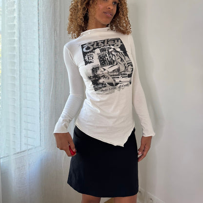 Sisley Vintage White Black Magazine Graphic Slinky Asymmetric Long Sleeve Top