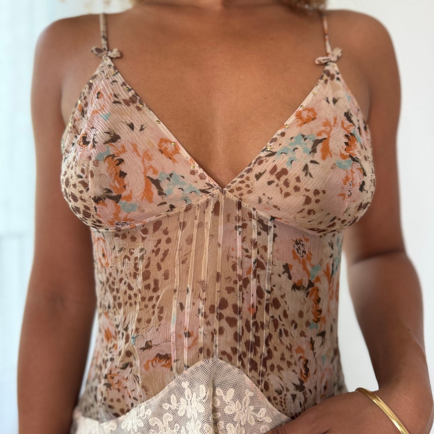 Vintage Silk Mesh Floral & Cheetah Lace Cami Top Sheer Babydoll Italian Y2K (S)