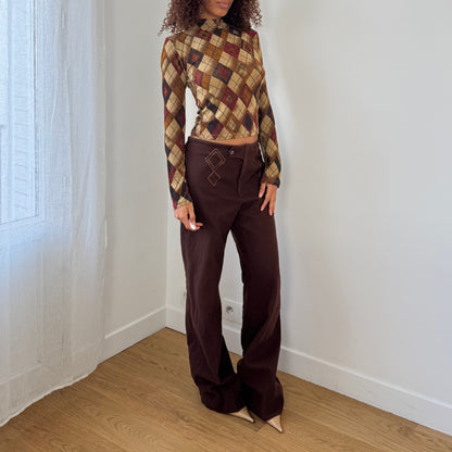 Vintage Italian chocolate brown wide-leg trousers with embroidered front details (S/M)