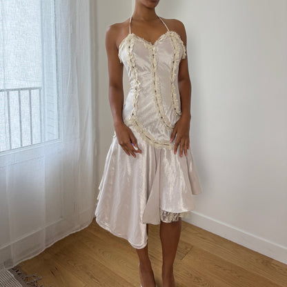 Vintage Italian Satin-Look Halter Asymmetric Dress (XS/S)