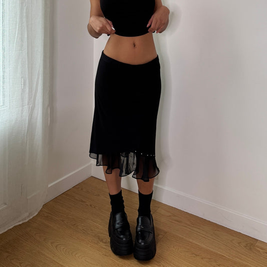 Vintage Black Mesh Midi Skirt Rhinestone Hem Y2K Evening Skirt (S) ⠀
