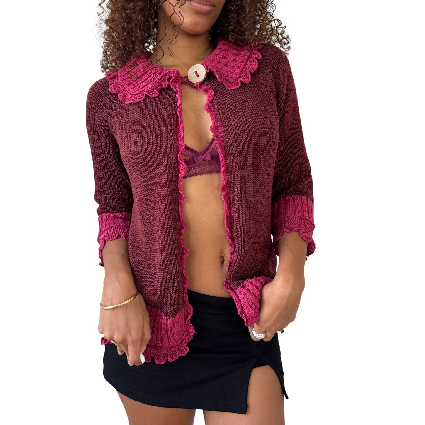 Vintage Jacqueline Riu French ruffled trim knit cardigan in berry & rose (Small)