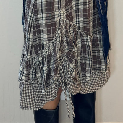 Vintage 00s plaid midi skirt with denim waistband and back (XS/S)