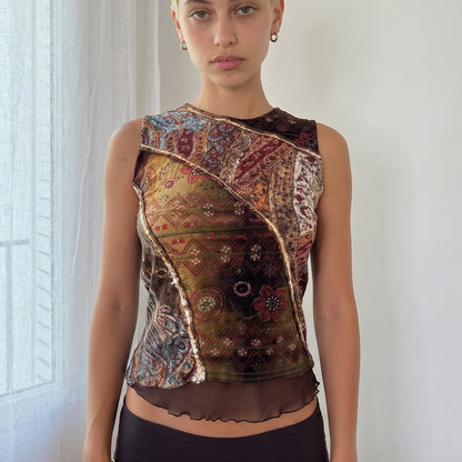 Vintage Brown Green Patchwork Mesh Sequin Top Italian Y2K (S/M)