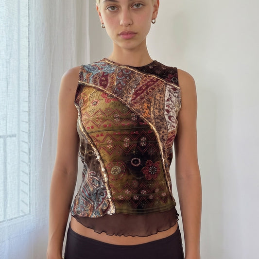Vintage Brown Green Patchwork Mesh Sequin Top Italian Y2K (S/M)