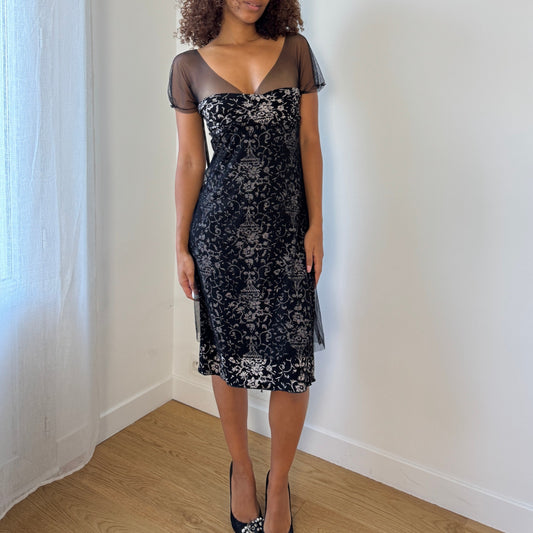 Vintage Italian Mesh Overlay Midi Dress (S)