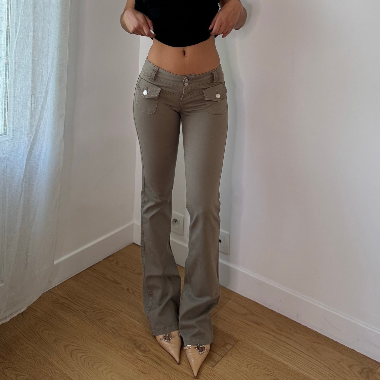 Vintage Taupe Low Rise Flare Pants Cargo Pocket Y2K Cotton (XS/S)