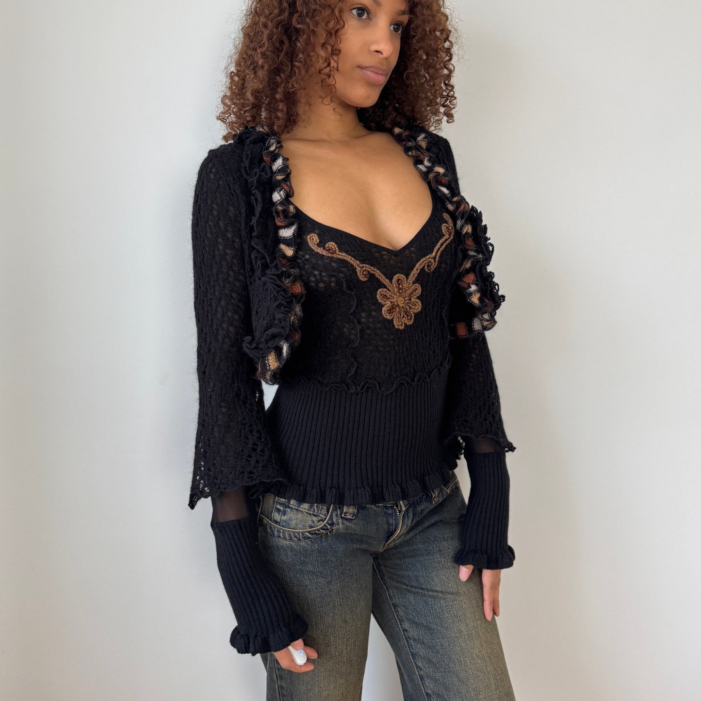 Vintage Italian black wool mohair 2 piece set with embroidered cami and ruffle trim cropped cardigan by Sonia Fortuna (S/M)