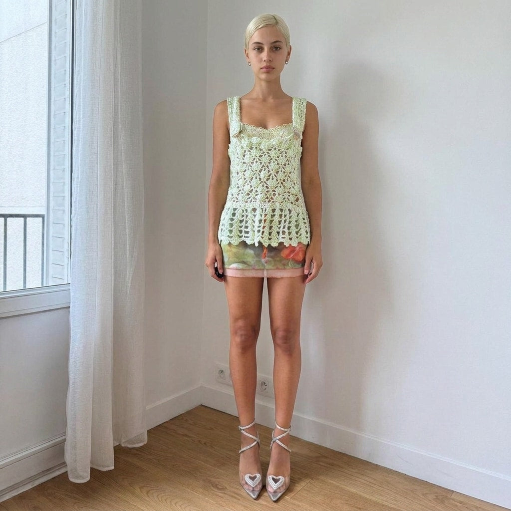 Vintage Mint Green Crochet Buckle Strap Tank Top Euro Y2K (S/M)