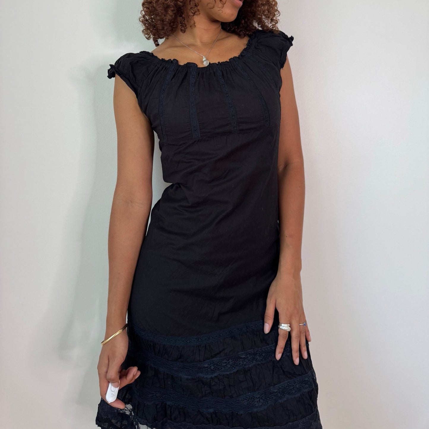 Vintage Black Cotton Midi Dress Ruffle Hem Peasant Y2K (S/M)