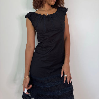 Vintage Black Cotton Midi Dress Ruffle Hem Peasant Y2K (S/M)