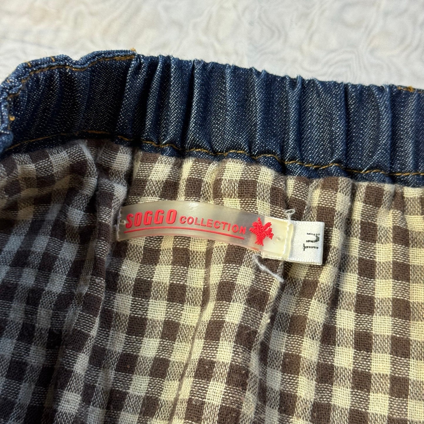 Vintage 00s plaid midi skirt with denim waistband and back (XS/S)