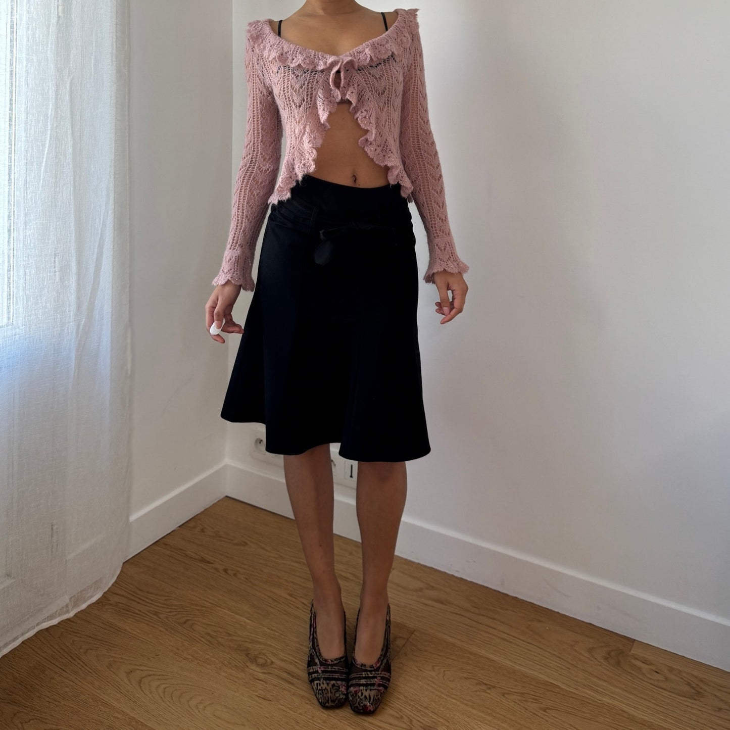 Vintage Black Bow Tie Midi Skirt Flared Y2K French (XS)