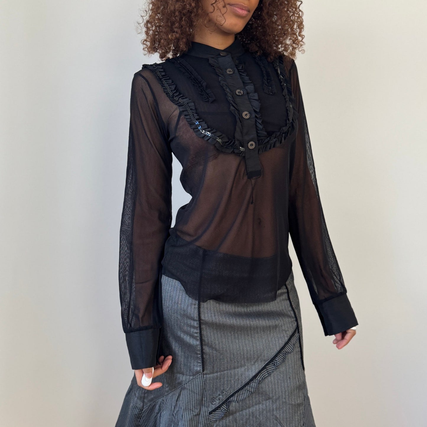 Vintage Italian sheer mesh ruffle blouse with black sequins (M/L)