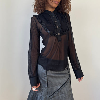 Vintage Italian sheer mesh ruffle blouse with black sequins (M/L)