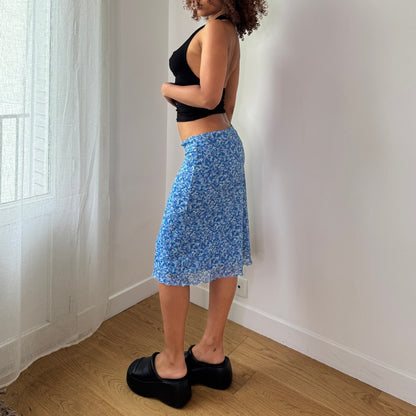 Vintage Blue Floral Mesh Midi Skirt Italian Y2K Ditsy Floral Skirt (S) ⠀