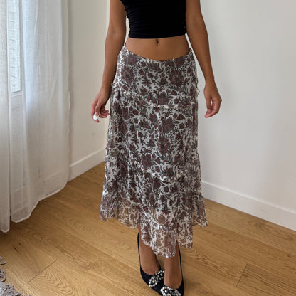 Vintage Italian Floral Sheer-Overlay Ruffle Midi Skirt (Small)