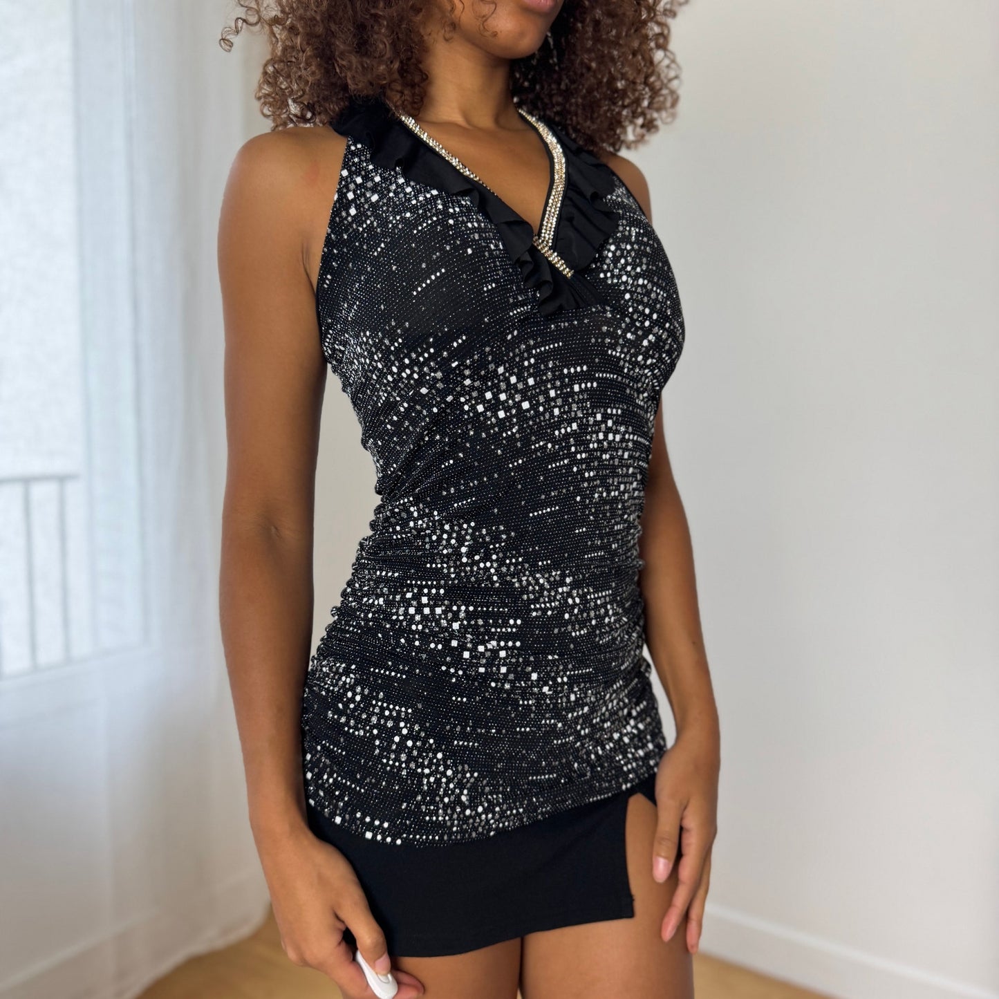 Vintage Italian black rhinestone-speckled halter top (M)