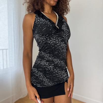 Vintage Italian black rhinestone-speckled halter top (M)