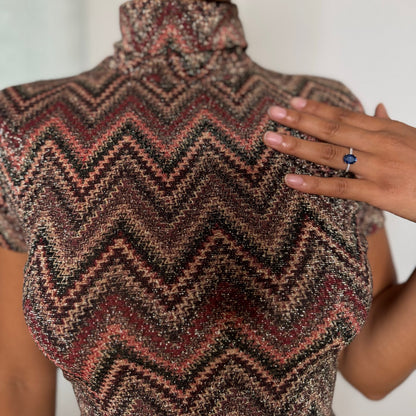 Italian Vintage Brown Burgundy Copper Metallic Chevron Zigzag Knit Short Sleeve Turtleneck Top