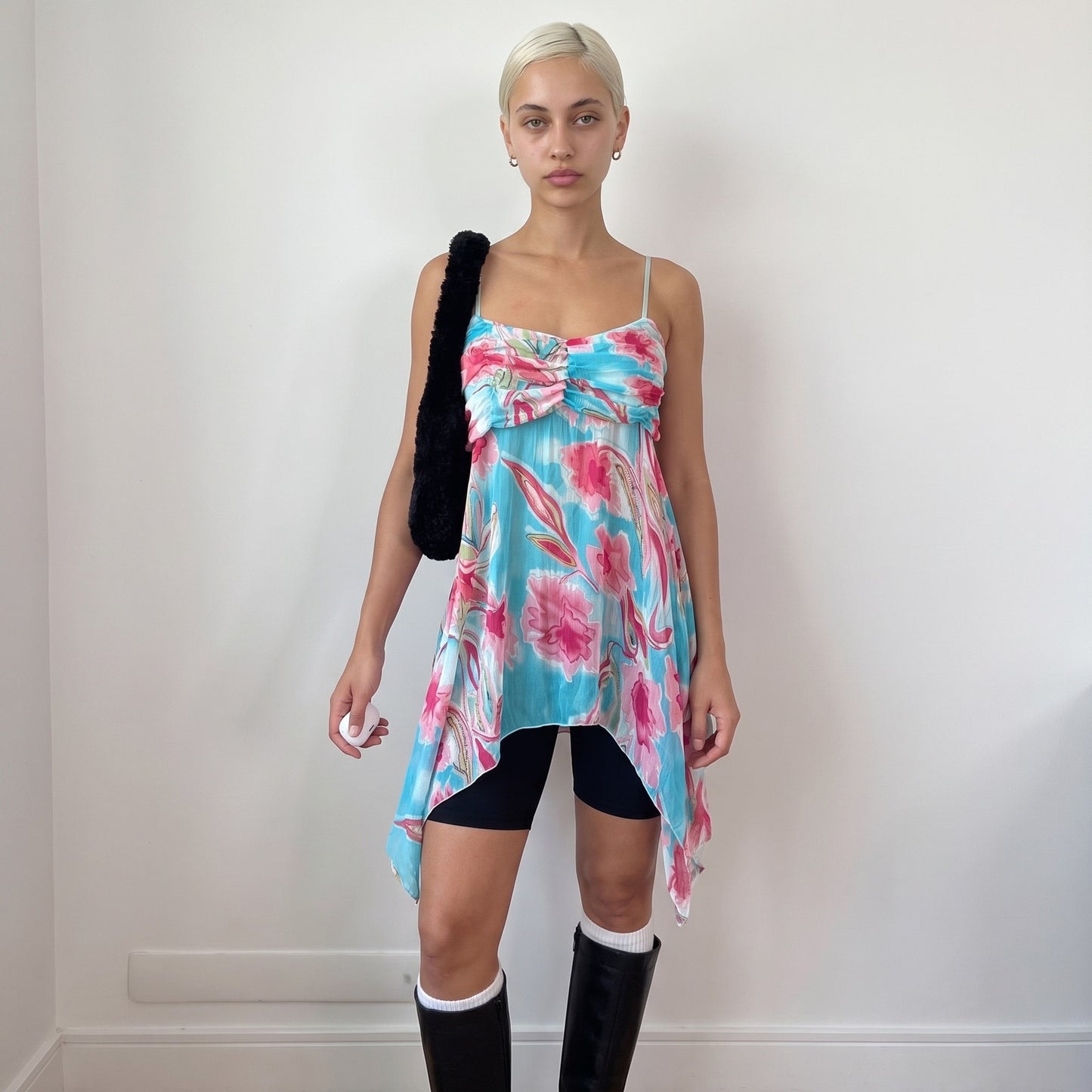 Vintage Blue Pink Floral Mesh Asymmetrical Tunic Top Y2K (M)
