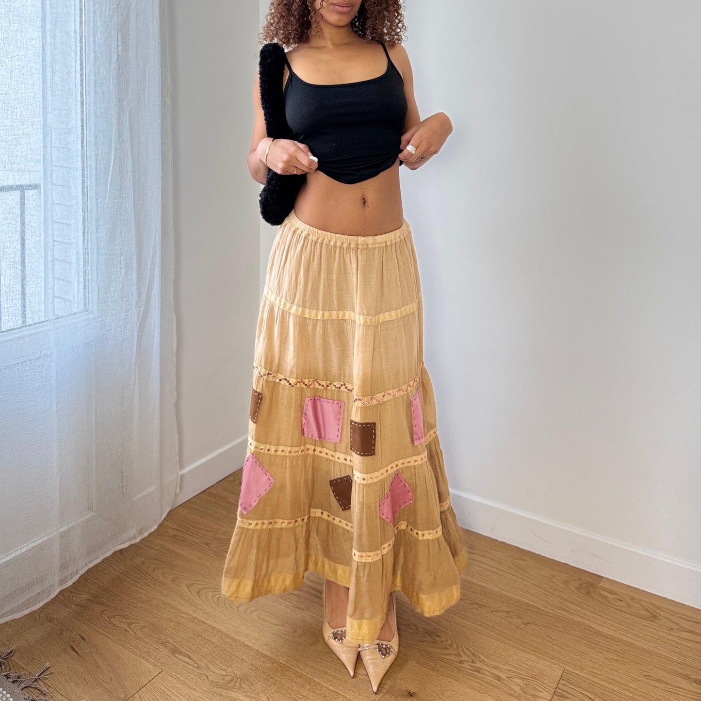 Vintage Euro Patchwork Tiered Maxi Skirt Beige Pink Boho (S)