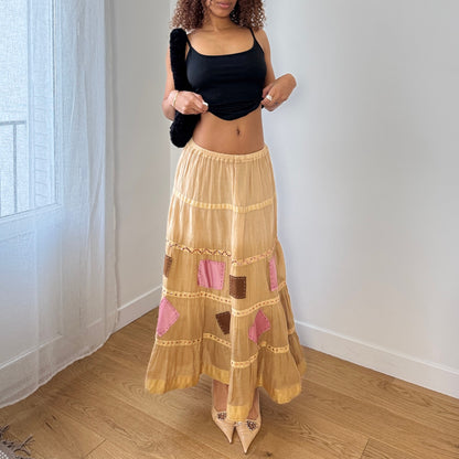 Vintage Euro Patchwork Tiered Maxi Skirt Beige Pink Boho (S)
