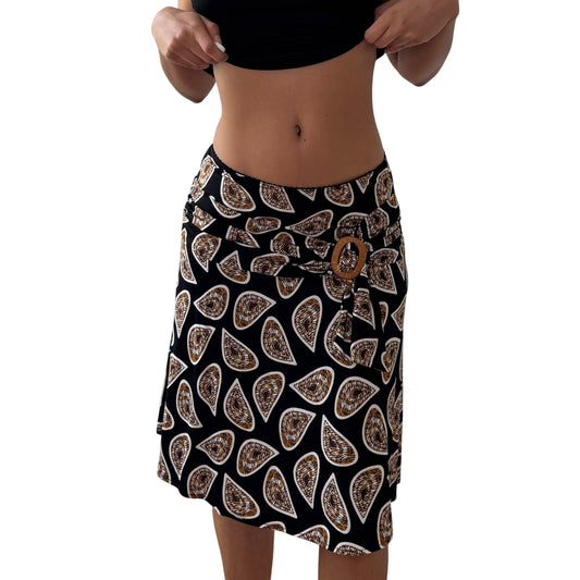Vintage Black Paisley Print Slinky Midi Skirt Belted Deadstock Italy Y2K (S)