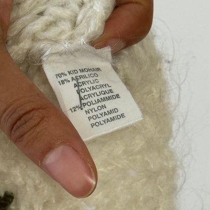Vintage Cream Mohair Blend Floral Embroidered Chunky Knit Cardigan Made in Italy (S)
