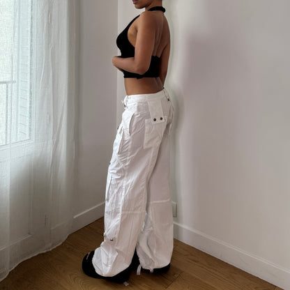 Vintage White Cotton Cargo Parachute Pants Utility Pocket Y2K (S)