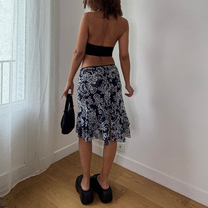 Vintage Navy Paisley Mesh Midi Skirt Y2K Ruffle Hem Skirt (XS/S) ⠀