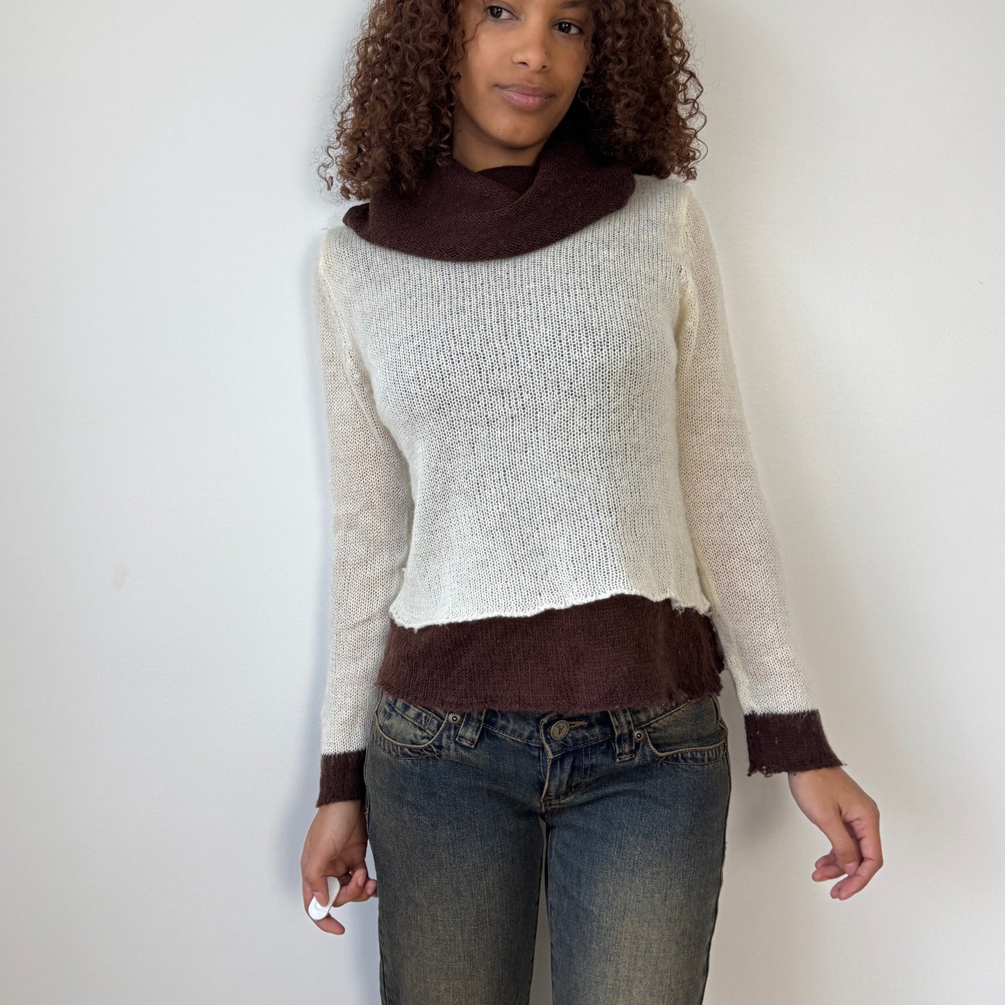 Vintage Italian layered knit sweater with contrast brown trim and cowl neckline (S)